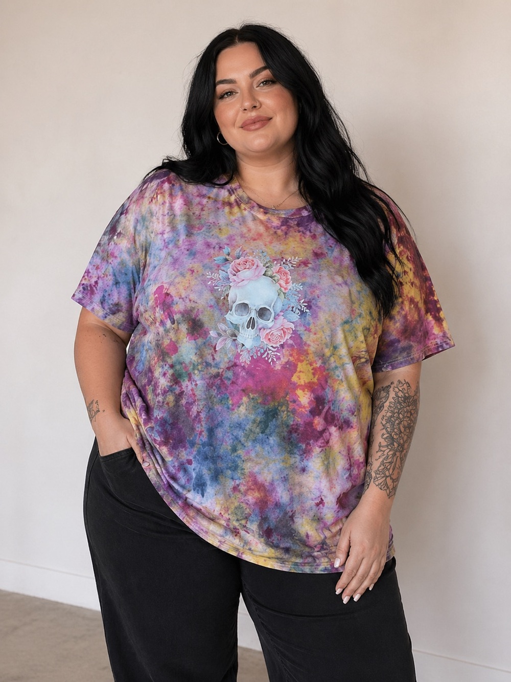 Gildan Ice Dyed Flower Skull Tshirt 2XL